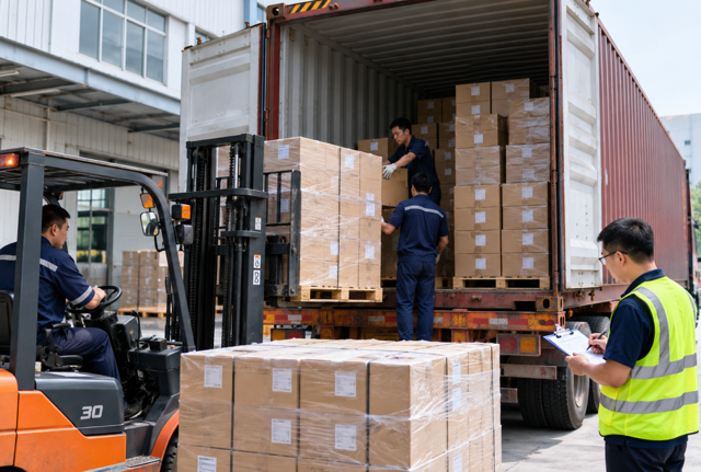Container lastes med paller og kontrolleres